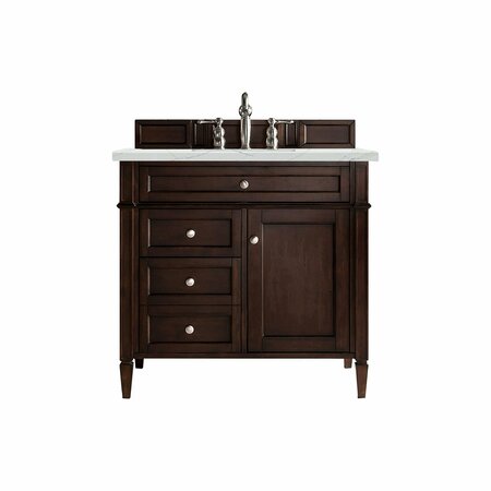 JAMES MARTIN VANITIES Brittany 36in Single Vanity, Burnished Mahogany w/ 3 CM Ethereal Noctis Quartz Top 650-V36-BNM-3ENC